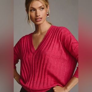 NEW Anthropologie Pilcro V-Neck Boxy Ribbed Sweater in Pink/Rose 💕